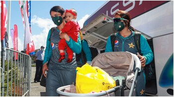 Pakistan captain Bismah Maroof arrives with her baby on the eve of the match against India in the ICC Women's Cricket World Cup 2022 at the Bay Oval in Mount Maunganui, New Zealand. (Image credit: @cricketworldcup)