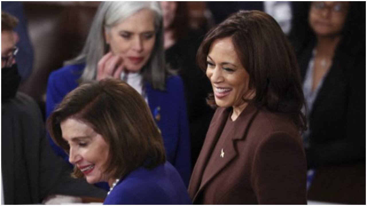 Speaker of the House Nancy Pelosi and Vice President Kamala Harris react after U.S. President Joe Biden delivered the State of the Union address during a joint session of Congress in the U.S. Capitol’s House Chamber March 01, 2022 in Washington, DC. 