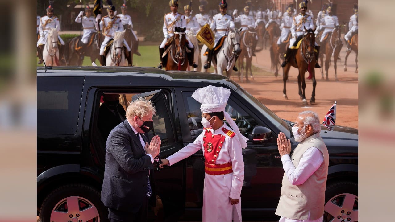 Ahead of the meeting with Prime Minister Narendra Modi, UK PM Boris Johnson said, "From climate change to energy security to defence, the partnership of our democracies is vital as the world faces growing threats from autocratic states." (Image: AP) Ahead of the meeting with Prime Minister Narendra Modi, UK PM Boris Johnson said, "From climate change to energy security to defence, the partnership of our democracies is vital as the world faces growing threats from autocratic states." (Image: AP)