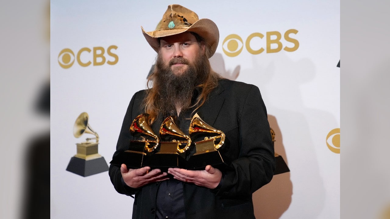 Chris Stapleton, winner of the awards for best country album for &quot;Starting Over,&quot; best country song for &quot;Cold,&quot; and best country solo performance for &quot;You Should Probably Leave&quot;. (Image: AP)