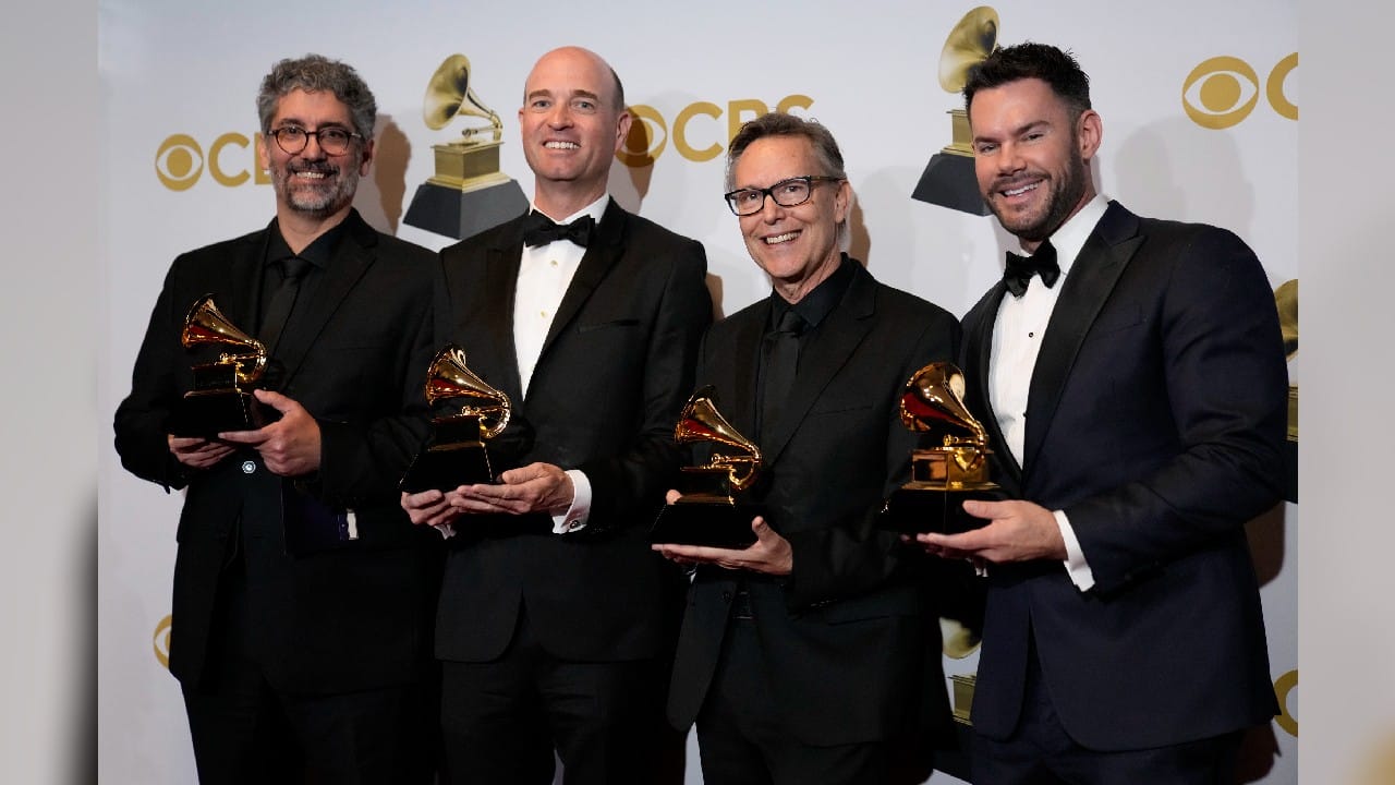 Fernando Malvar-Ruiz, from left, Robert Istad, Grant Gershon, and Luke McEndarfer, winners of the award for best choral performance for &quot;Mahler: Symphony No. 8 'Symphony of A Thousand.'&quot; (Image: AP)