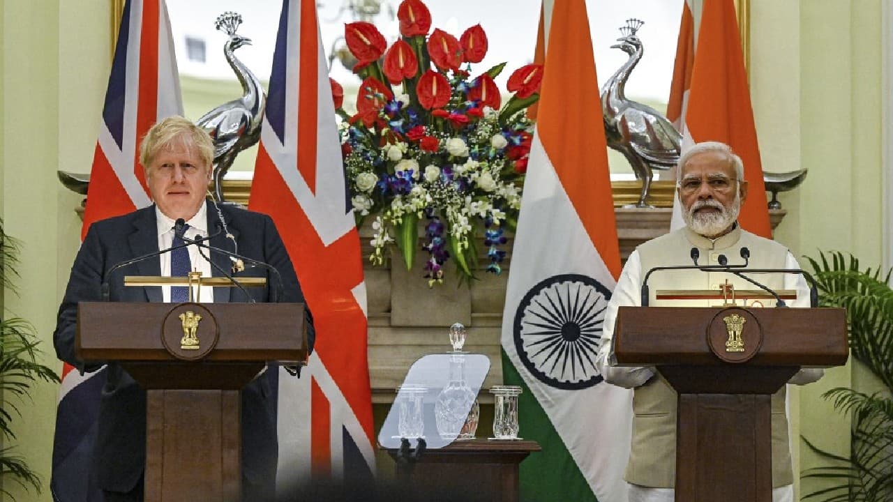 While addressing the joint press meet, PM Modi said, &quot;We expressed our commitment to fulfilling promises made during the last COP 26. We invite the UK to join India's National Hydrogen Mission...We stressed on a free, open, inclusive and rules-based Indo-Pacific region.&quot; (Image: AFP)