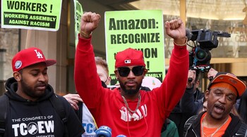 Amazon.com Inc workers react to the outcome of the vote to unionize, in Brooklyn. [Image: Reuters]