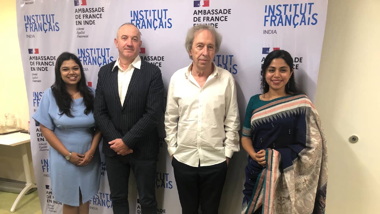 Goncourt Academy Secretary General Philippe Claudel (second from left) and Goncourt Prize fellow jury member and French philosopher-author Pascal Bruckner (second from right) with jury members of the Goncourt Choice of India award this year, Samruddhi Patel (first from left) and Pallavi Babar (first from right)