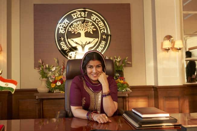 Nimrat Kaur as Bimla, politician Ganga Ram's uneducated, docile wife in 'Dasvi'.