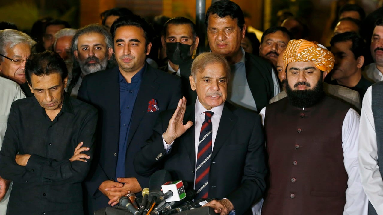 Pakistan Muslim League-Nawaz (PML-N) leader Shahbaz Sharif (centre) is leading the Opposition alliance that has tabled the no-confidence motion against Imran Khan's Pakistan Tehreek-e-Insaf government (AP Photo/Anjum Naveed)