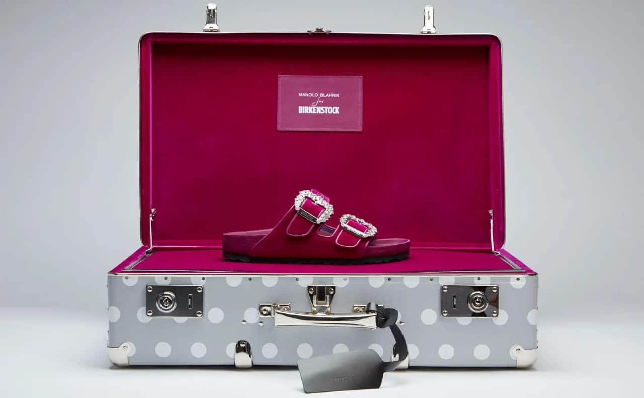 Manolo BlahnikxBIRKENSTOCK sandals and clog mules come in colours like fuchsia pink and sapphire blue.