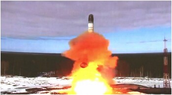 The launch of the Sarmat intercontinental ballistic missile at Plesetsk testing field, Russia.