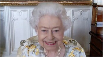 A still image taken from footage of a video call between Britain's Queen Elizabeth II, in residence at Windsor Castle, during a call with staff at the The Royal London Hospital in east London, to mark the official opening of the hospital's Queen Elizabeth Unit.