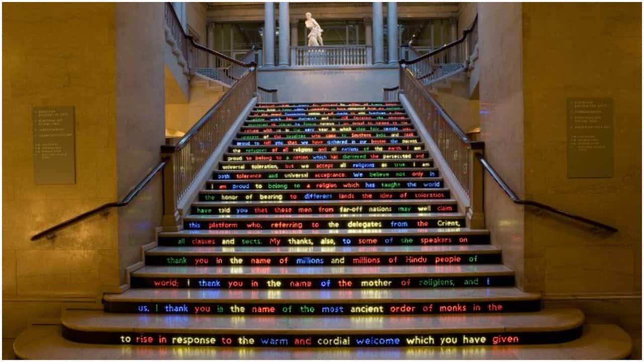 Artist Jitish Kallat’s installation 'Public Notice 3' highlighted words from Swami Vivekananda's historic speech in the colors of the US Department of Homeland Security's alert system. (Image credit: www.artic.edu/)