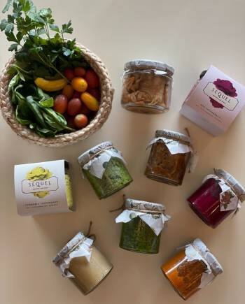 In addition to 'farm boxes' of fresh organic vegetables, Sequal Mumbai now retails Basil Walnut Pesto, Caper Parsley Basil Sauce, Red Bell Pepper-Heirloom Tomato Sauce and Tahini. (Image via Sequel)