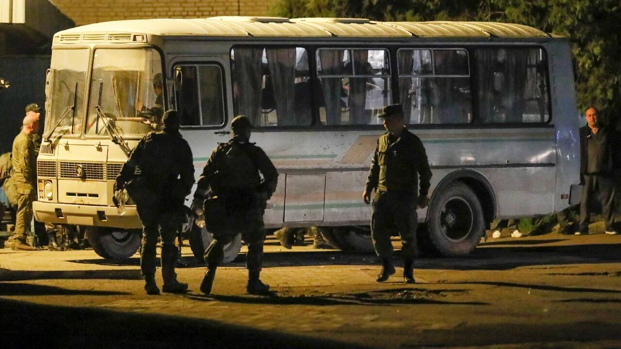 A view shows a bus carrying service members of Ukrainian forces from the besieged Azovstal steel mill in Mariupol, which arrived under escort of the pro-Russian military in the course of Ukraine-Russia conflict in Novoazovsk, Ukraine May 16. (Image: Reuters)