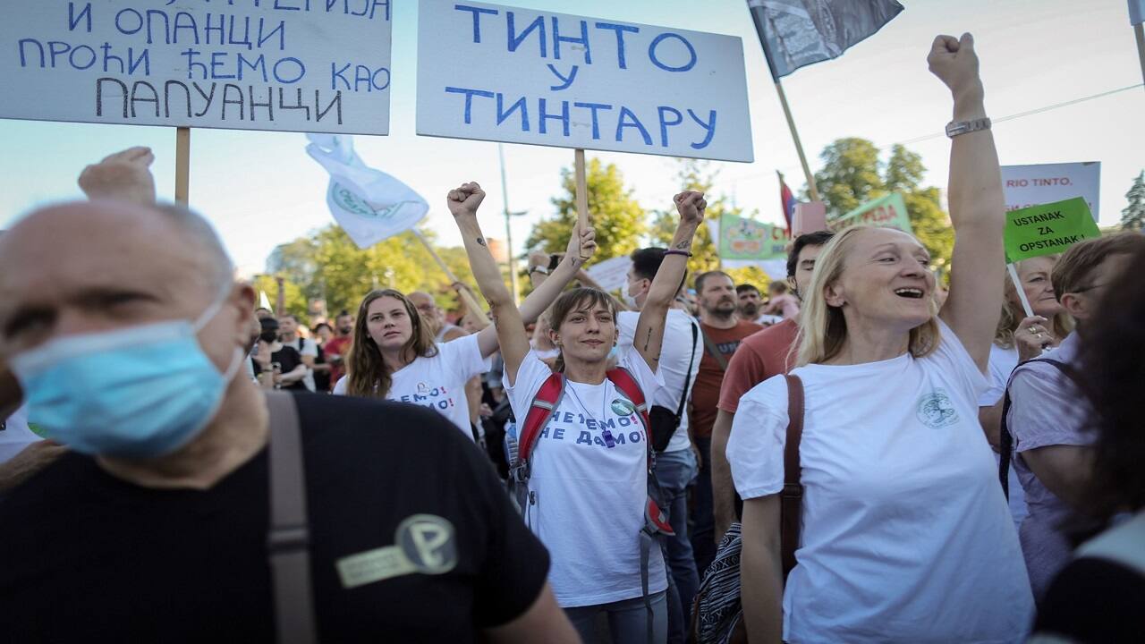 A demonstration in Belgrade in Sept. 2021 against the opening of Rio Tintos lithium mine. Photographer: Oliver Bunic/Bloomberg