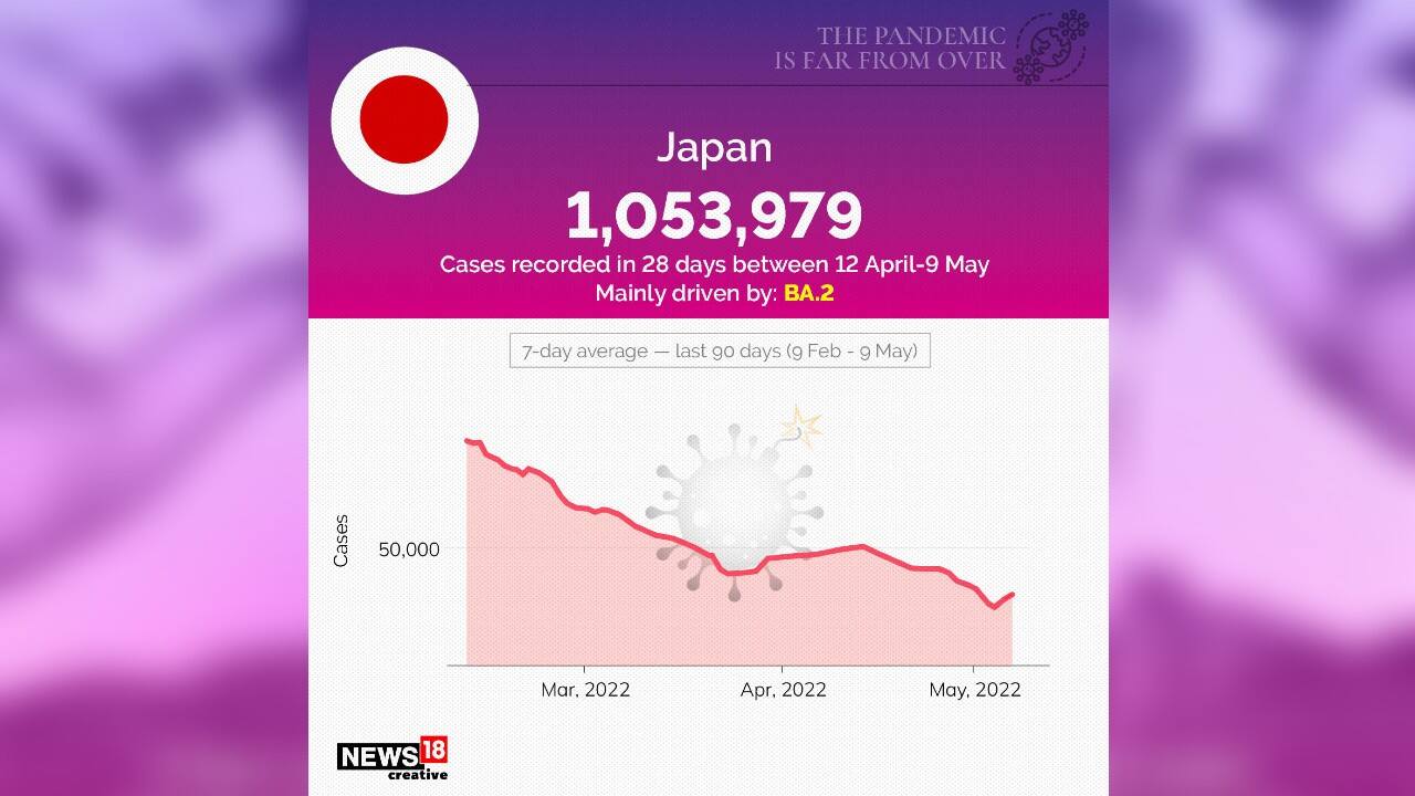 Japan recorded 10,53,979 cases in 28 days between April 12-May 9. (Image: News18 Creative) Japan recorded 10,53,979 cases in 28 days between April 12-May 9. (Image: News18 Creative)