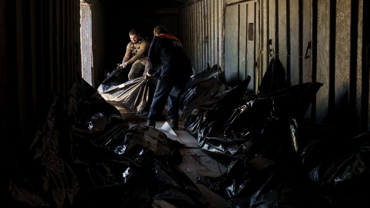 More recently, as the Ukrainians retook control of some villages near the second-largest city of Kharkiv, he said many of these sites had the feel of an open-air morgue. He saw bodies of men, believed to be Russian soldiers, arranged in a “Z,” which Moscow has used as a symbol of the invasion, as well as a charred body propped against an anti-tank barrier. (Image: AP)