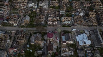 A destroyed residential area is seen after Russian shelling, amid their invasion of Ukraine, in Irpin, Ukraine May 7. (Image: Reuters)