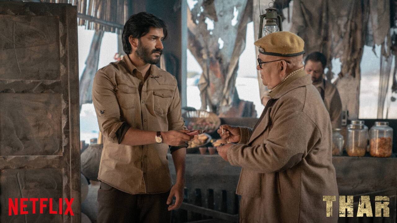 Actor Harshvardhan Kapoor - son of Anil Kapoor, with Satish Kaushik in a still from the movie 'Thar', which released in 2022. (Image: Netflix)
