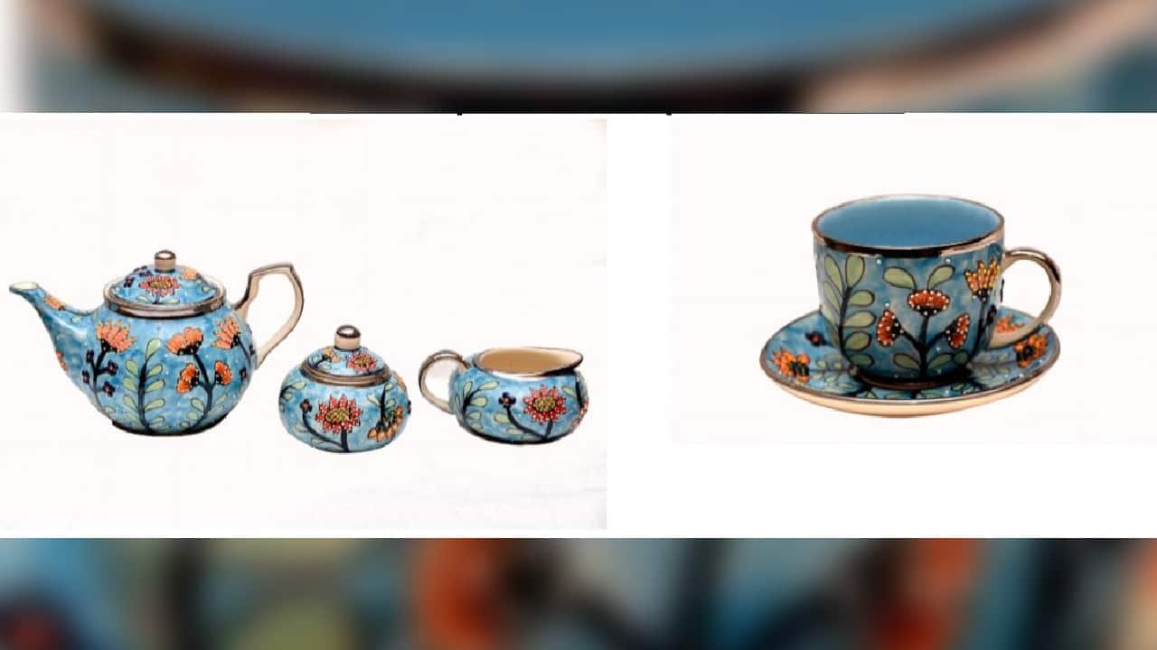 Prime Minister Narendra Modi gifted a &lsquo;platinum-painted, hand-painted tea set&rsquo; from Bulandshahr, Uttar Pradesh to UK PM Boris Johnson. The crockery is outlined with platinum metal paint in honour of the Queen&rsquo;s platinum jubilee being celebrated this year. The embossed outlines are laid on manually with Mehndi cone work and require an extremely confident hand. (Source: ANI)