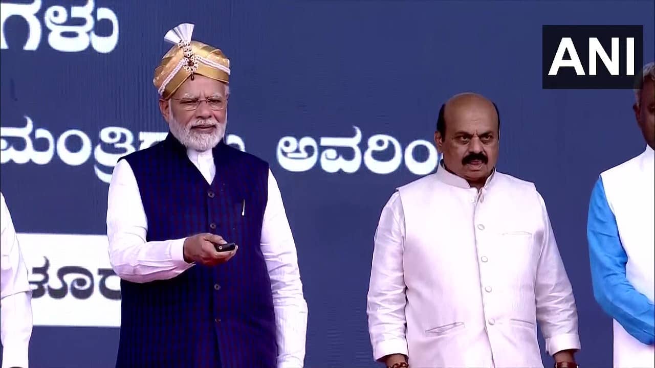 PM Narendra Modi inaugurates and lays foundation stone for rail and road infrastructure projects worth over Rs 28,000 crores in Karnataka. Modi will attend various programmes in Bengaluru and Mysuru during his two-day visit to state. (Image: Twitter @ANI)