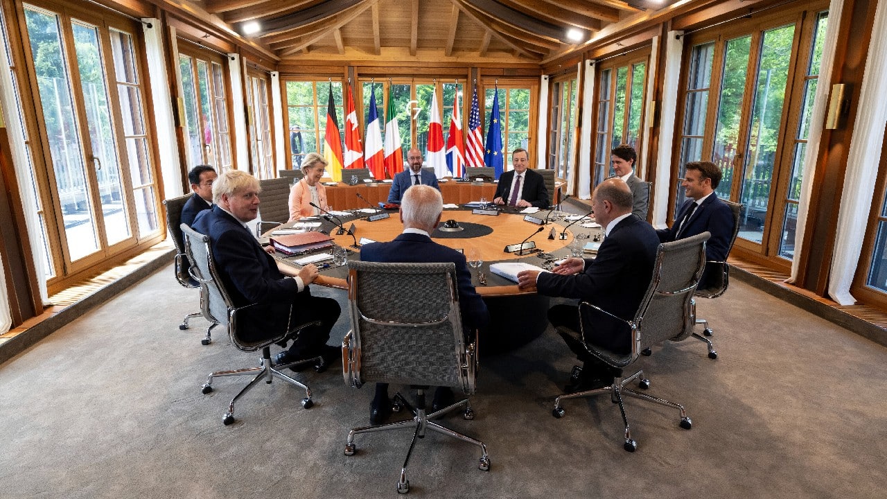 HOW DO THE G-7 GET THINGS DONE? Their annual meetings offer leaders a chance to size each other up and negotiate face to face on a broad spectrum of issues involving all their Cabinet departments - the big picture. The G-7 doesn't have a bureaucracy to carry out its decisions or a permanent headquarters. The rotating host country takes care of the organization and preparatory meetings. The national governments are responsible for follow-up and implementation. Agreements don't have legal force, but peer pressure plays a role in pushing governments to carry them out. (Image: AP)