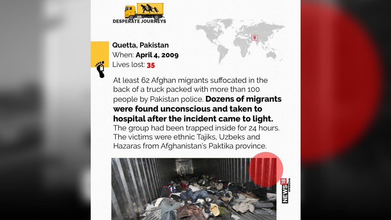 Quetta, Pakistan, April 4, 2009 | At least 62 Afghan migrants suffocated in the back of a truck packed with more than 100 people by Pakistan police. The group had been trapped inside for 24 hours. (Image: News18 creative)
