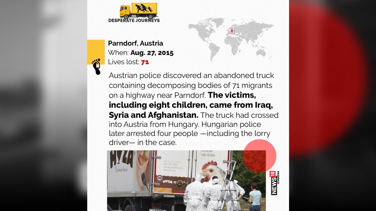 Parndorf, Austria, August 27, 2015 | Austrian police discovered an abandoned truck containing decomposing bodies of 71 migrants on a highway near Parndorf. The truck has crossed into Austria from Hungary. (Image: News18 creative)