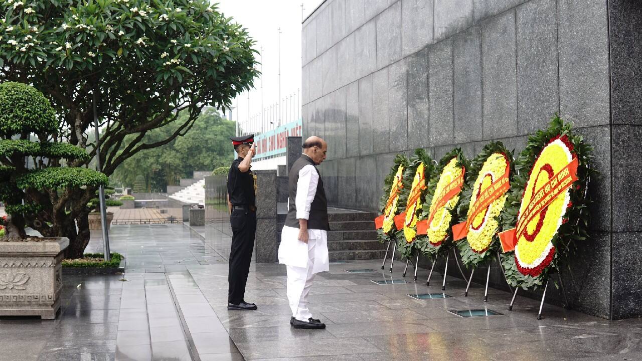 Earlier today, Rajnath Singh visited the Mausoleum of the Founding Father of Vietnam, President Ho Chi Minh and paid respectful homage to the great leader. (Image: Twitter @rajnathsingh) (With inputs from ANI)