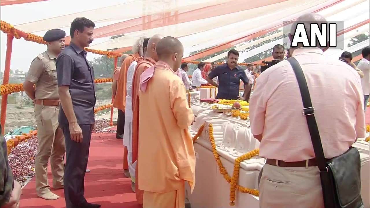 CM Yogi Adityanath said, “The construction work of Ram Mandir in Ayodhya was started by PM Modi almost 2 years ago. The work is successfully proceeding and we are fortunate that the ritual of keeping the stones in the Garbhagriha has been initiated today.” (Image: Twitter @ANI)