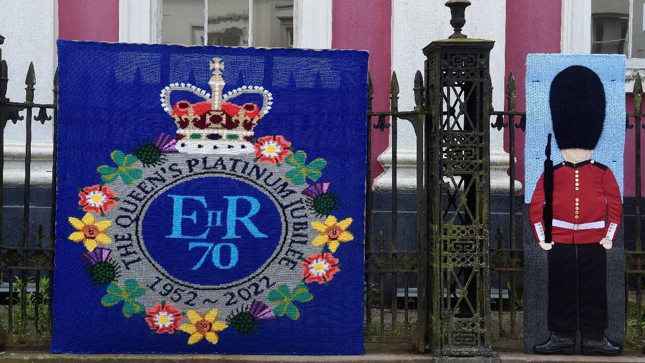 Knitted pictures to celebrate the Queen's Platinum Jubilee are displayed in the town of Haverfordwest, Pembrokeshire, Wales, Britain, June 1. (Image: Reuters)