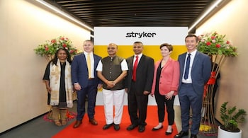 (Left to right) Meenakshi Nevatia, Vice President and Managing Director, Stryker India, Andy Pierce Group President, MedSurg and Neurotechnology, and Dr Bhagwat Kishanrao Karad, Union Minister of State for Finance.