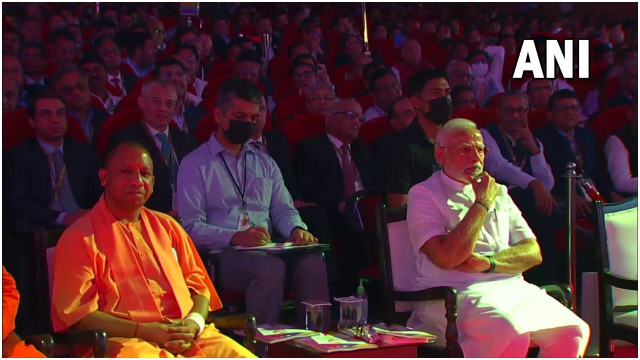 PM Modi with Yogi Adityanath at the UP Investors Summit in Lucknow today (Image credit: ANINewsUP/Twitter)