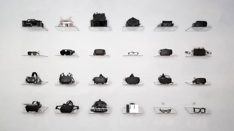 A wall of prototype headsets by Meta Reality Labs. Image Courtesy: Meta