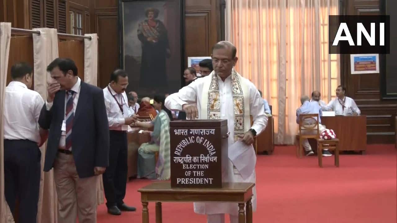 Jayant Sinha, BJP MP and son of Opposition's Presidential candidate Yashwant Sinha, casts his vote for the Presidential election, at the Parliament. (Image: Twitter @ANI)