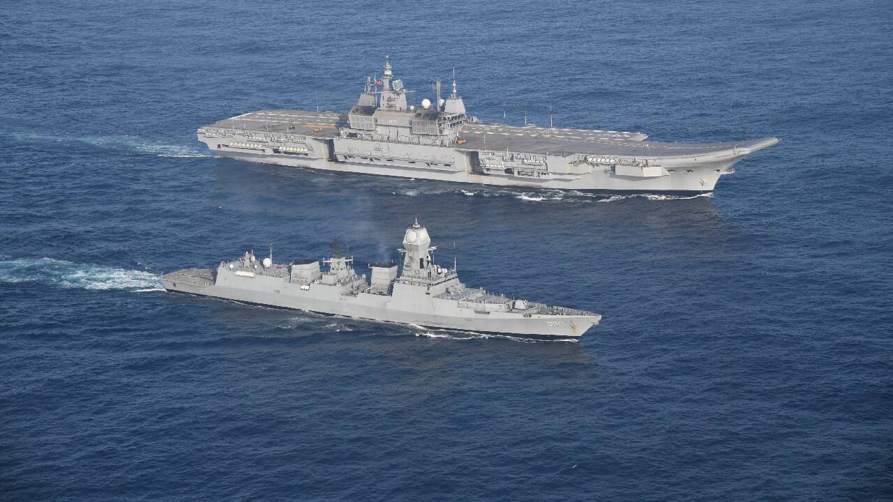 The 262 metre long carrier has a full displacement of close to 45,000 tonnes, with a steel structure of 21,500 tonnes. The ship is powered by four Gas Turbines totaling 88 MW power and has a maximum speed of 28 Knots. (Image: Twitter @indiannavy)