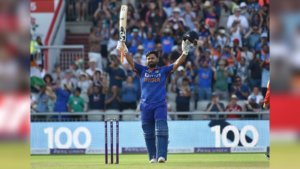 A carnival-style atmosphere greeted Pant’s first ODI century, in which he accelerated after going past 50. He mixed orthodox strokes to give England a lesson after it failed to bat out its 50 overs for the third time in the series. (Image: AP)
