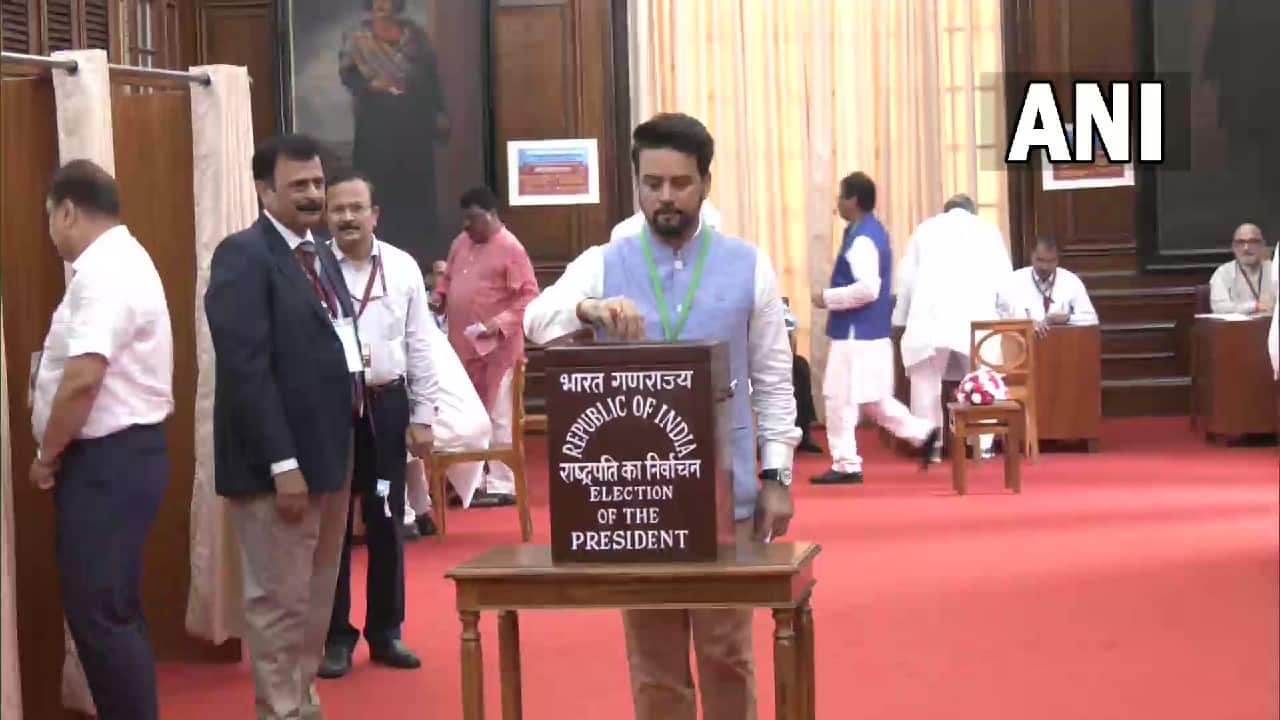 Union Minister and BJP MP Anurag Thakur casts his vote in the election being held for the post of President of India, in Parliament. (Image: Twitter @ANI)