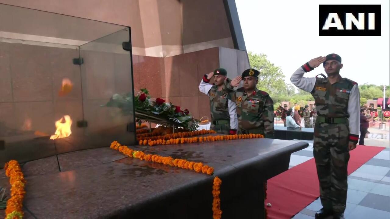 Wreath laying ceremony being held at Balidan Stambh in Jammu to pay tribute to soldiers who lost their lives in the 1999 Kargil War. (Image: Twitter @ANI) (With inputs from ANI and PTI)