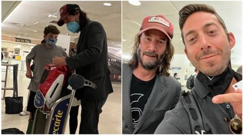 Keanu Reeves with his young fan and (right) with TV producer Andrew Kimmel at the airport. (Image credit: @andrewkimmel/Twitter)