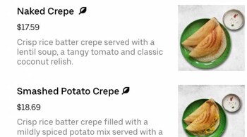 The “naked crepe" or sada dosa is priced at Rs 1,405 while “smashed potato crepe" or masala dosa is priced at Rs 1,493. (Image credit: @inika__)