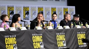 English actor Paddy Considine (2nd L), with the cast at the HBO "House of the Dragon" speaks at the panel during Comic-Con International in San Diego, California.