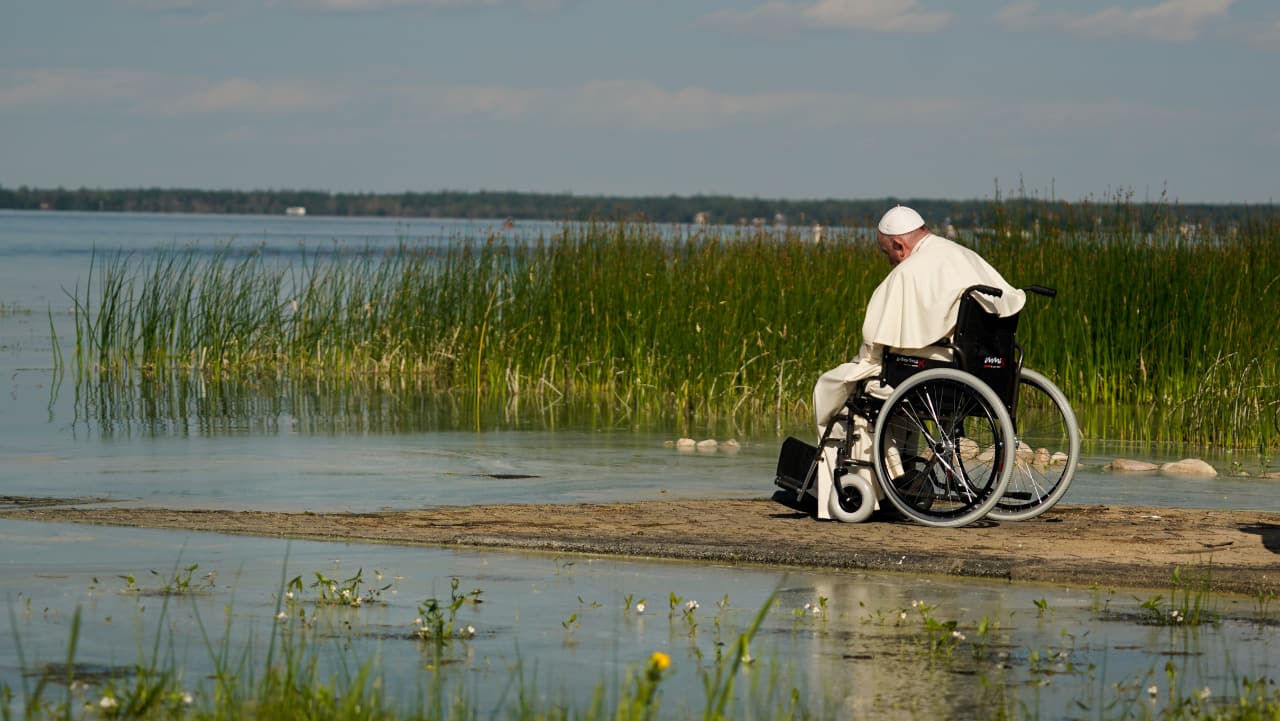 Pope Francis visits the Lac Ste. Anne pilgrimage site in Alberta, Canada, Tuesday, July 26, 2022, during his visit to apologize to Indigenous peoples for the abuses committed by Catholic missionaries in the country's notorious residential schools. 