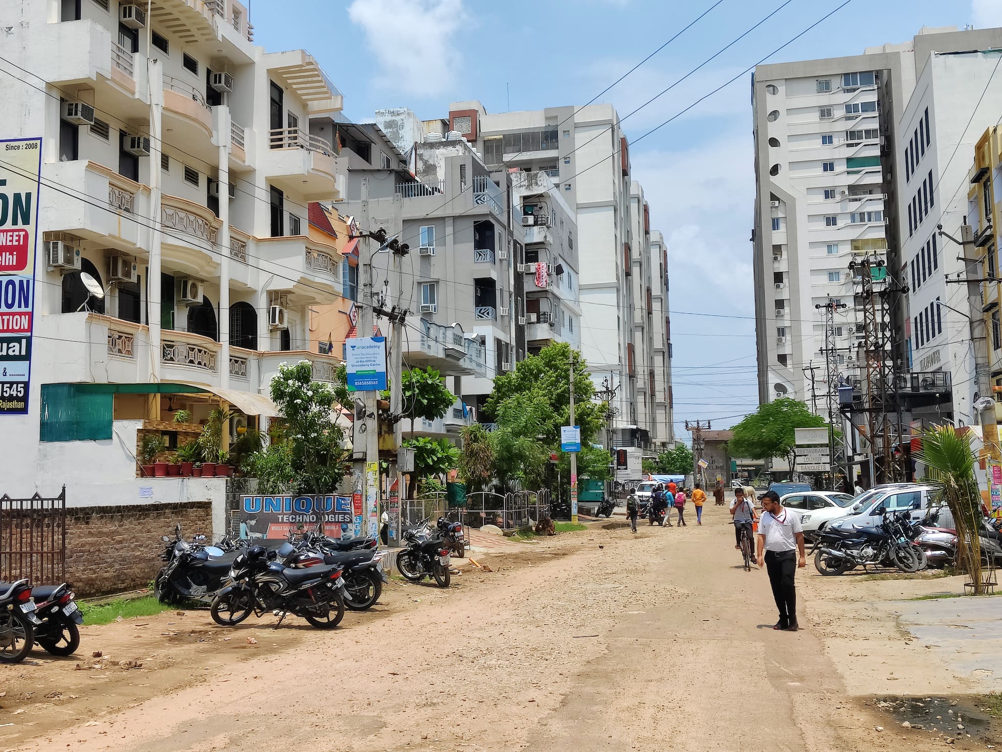 A lane full of hostels on either side in Rajeev Gandhi Nagar, Kota