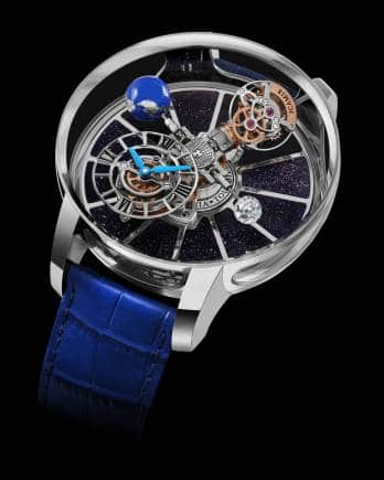 Jacob & Co. makes its Astronomia watch in rose and white gold or dressed up with diamonds. The watch features a space-like view: a moon-shaped diamond and an orb painted like the earth rotates around its dial.