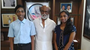 Praggnanandhaa met superstar Rajinikanth (Image credit: rpragchess/Twitter)