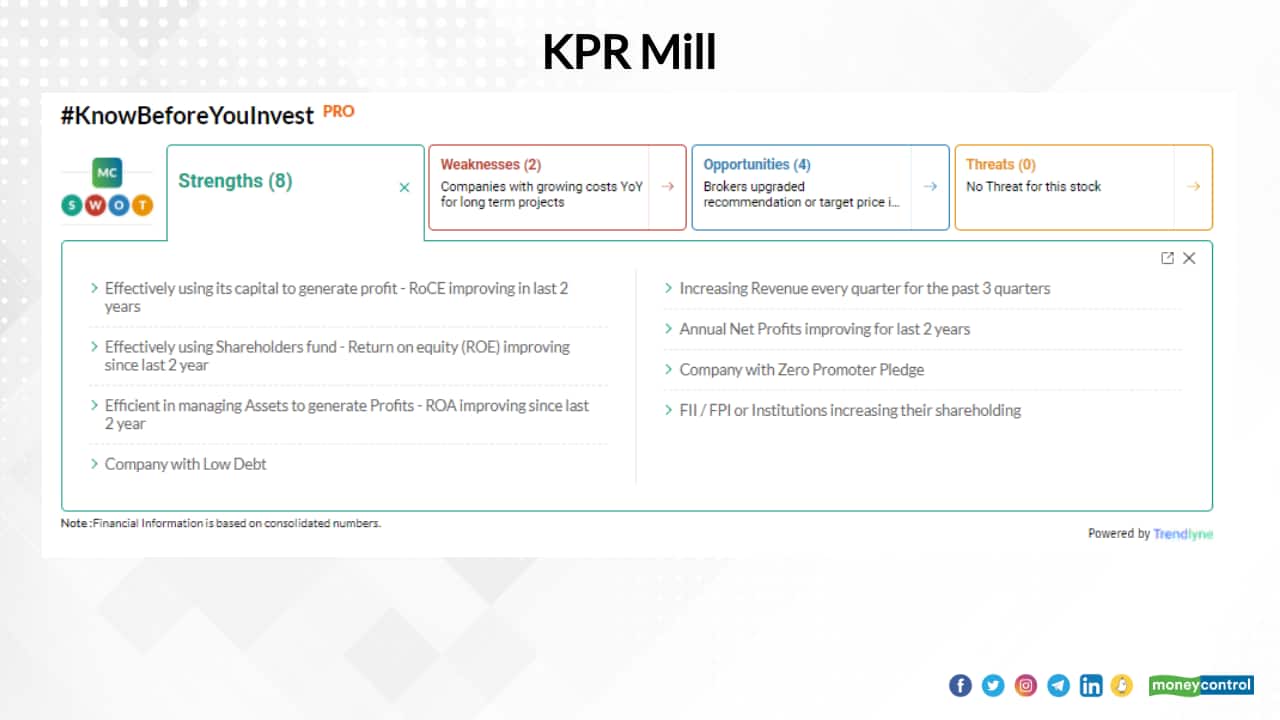K.P.R. Mill Ltd. | In the past year, the stock has risen 51 to Rs 564 as of July 26, 2022. It has surged 387 percent and 251 percent in 3-year and 5-year periods, respectively.