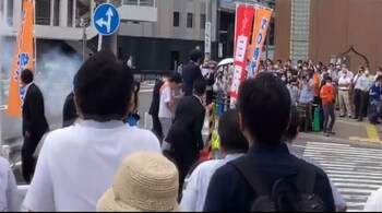 Shinzo Abe was attacked in Japan's Nara city on July 8. (Screengrab from video tweeted by @Global_Mil_Info)