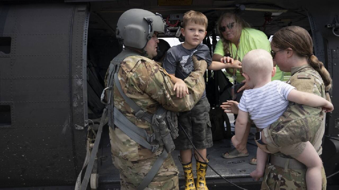 The governor toured flooded areas and made stops in three counties on July 31. Across the rain-soaked portions of the state, more than 350 people are living temporarily in shelters, he said. In the town of Jackson, the seat of hard-hit Breathitt County, state, local and federal rescue teams and aid workers fanned out. (Source: AFP)