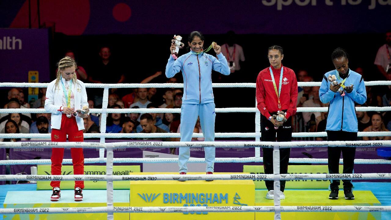 Silver medalist England's Demie-Jade Resztan, gold medalist India's Nitu Ghanghas, and bronze medalists Canada's Dhillon Priyanka and Botswana's Lethabo Modukanele, from left to right, after the Women's Minimum (45-48kg) boxing final at The NEC on day ten of the 2022 Commonwealth Games in Birmingham, England, August 7. (Image: AP)