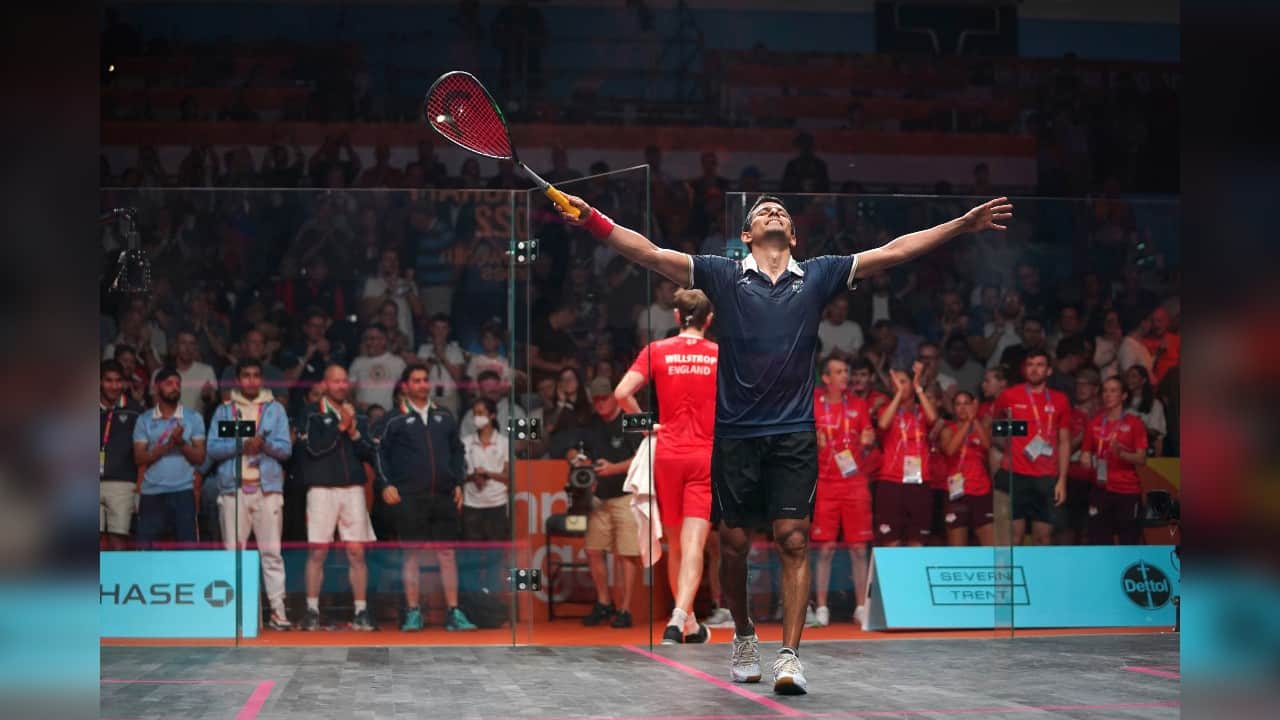 Saurav Ghosal celebrates victory in the Men's Singles after winning bronze medal in Squash Match between India and England at the University of Birmingham Hockey and Squash Centre on day six of the 2022 Commonwealth Games in Birmingham, England, August 3. (Image: AP)