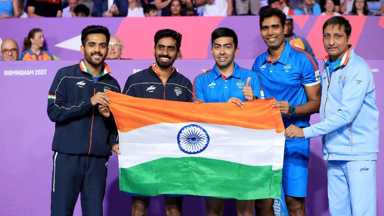 From left, Sanil Shetty, Sathiyan Gnanasekaran, Harmeet Desai and Sharath Kamal Achanta won Gold in the Men's Team Table Tennis final against Singapore at The NEC on day five of the 2022 Commonwealth Games in Birmingham, August 2. (Source: AP)